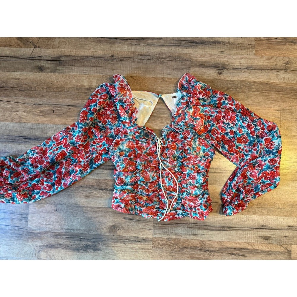 Free People Mabel Blouse Floral Lace Up Ruched Spring Boho Romantic Cottagecore